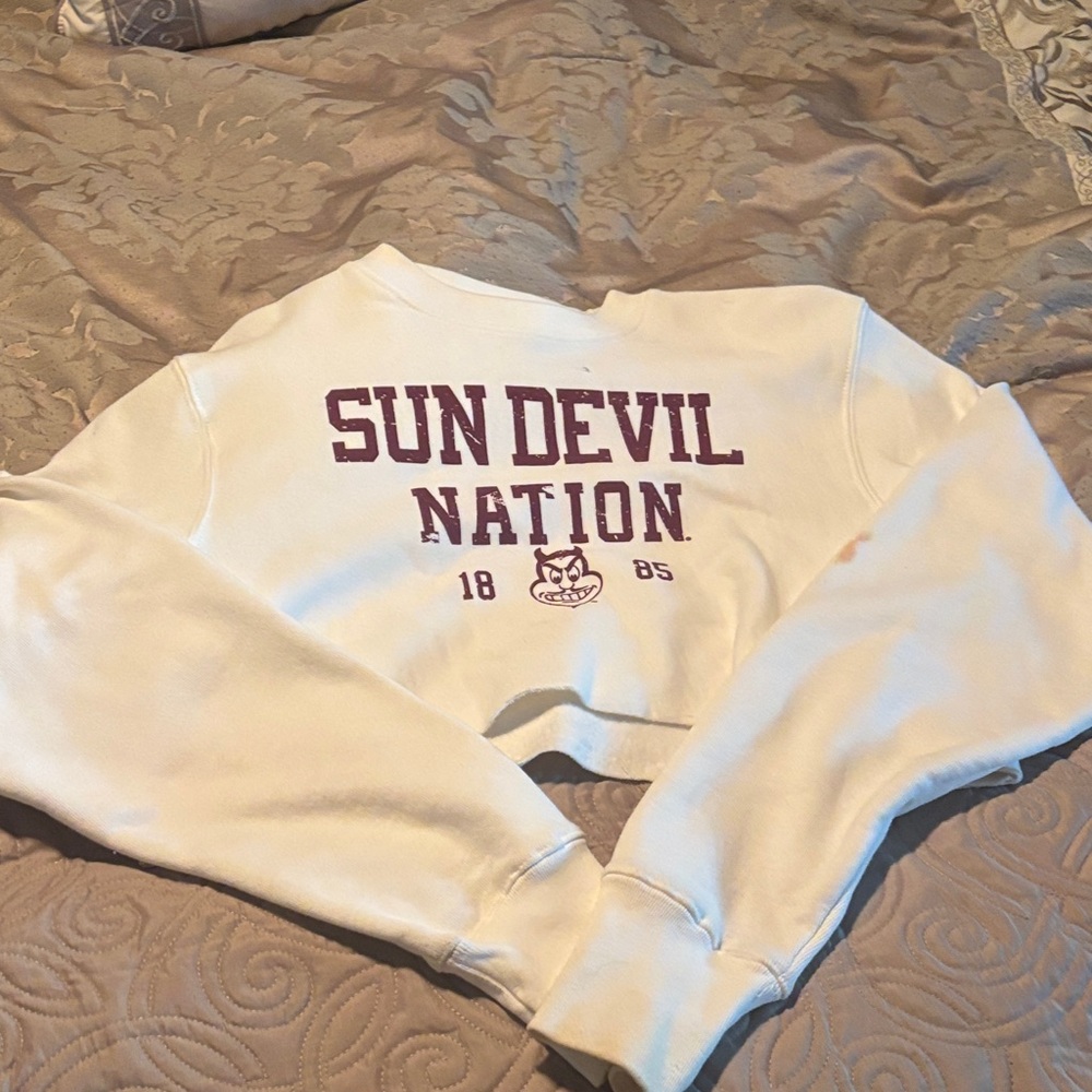 Champion White Cropped Sweatshirt with Maroon Sun Devil Graphic
